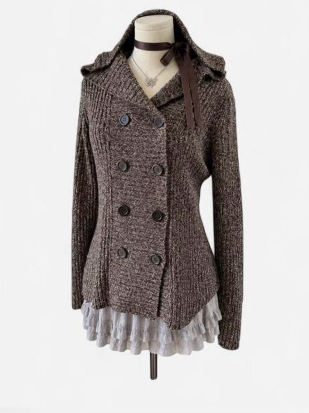 y2k Hooded Knit Cardigan Sweater Vamp Double Breasted Black/Brown Bella Swan Lg